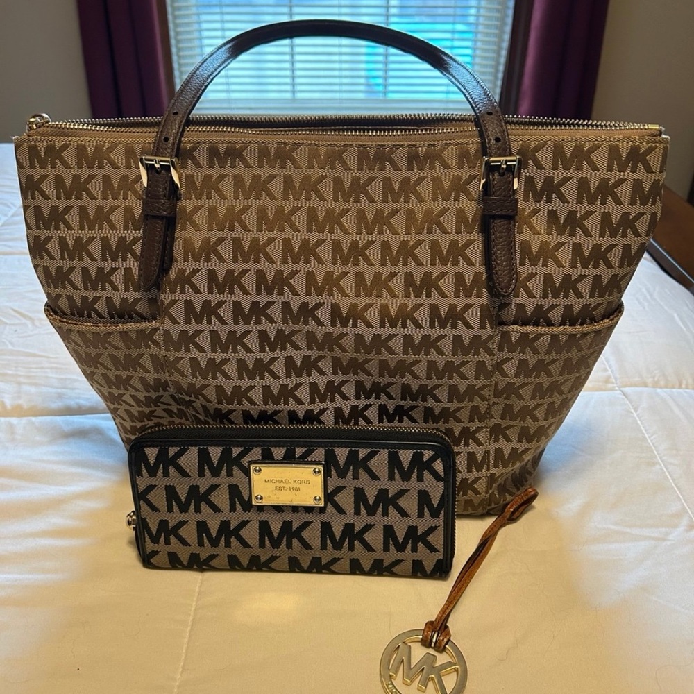 Michael Kors Tan and Brown Logo Tote with Wallet